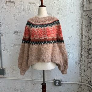 Free People Beige Fuzzy Crewneck Sweater with Coral & Dark Green Fair Isle Yoke